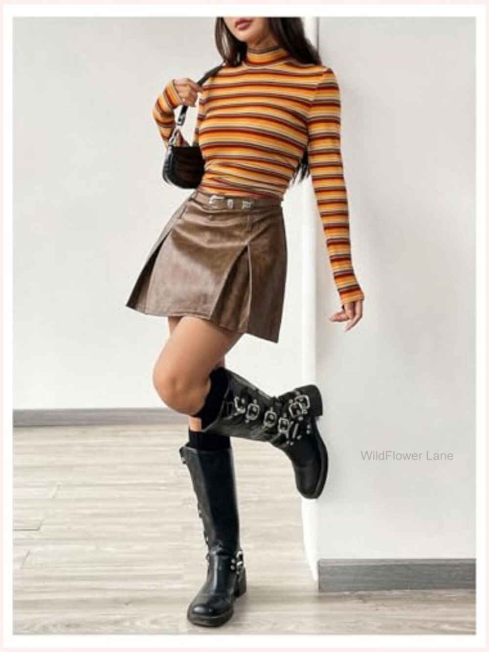 Long Sleeve Mock Neck Slim Fit Striped T-Shirt Top - Picture 6 of 6